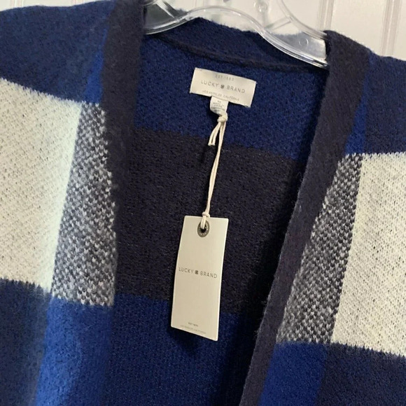 Lucky Brand Size M Blue Buffalo Check Open Front Long Cardigan Sweater NEW! - Picture 5 of 8